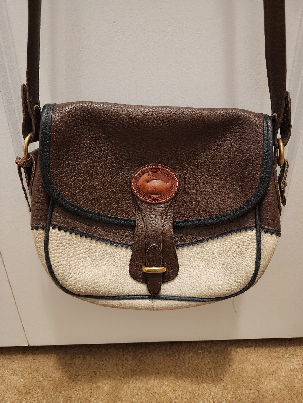 Dooney & Bourke Brown and Cream, Brown, Navy Blue Pebbled Leather Crossbody